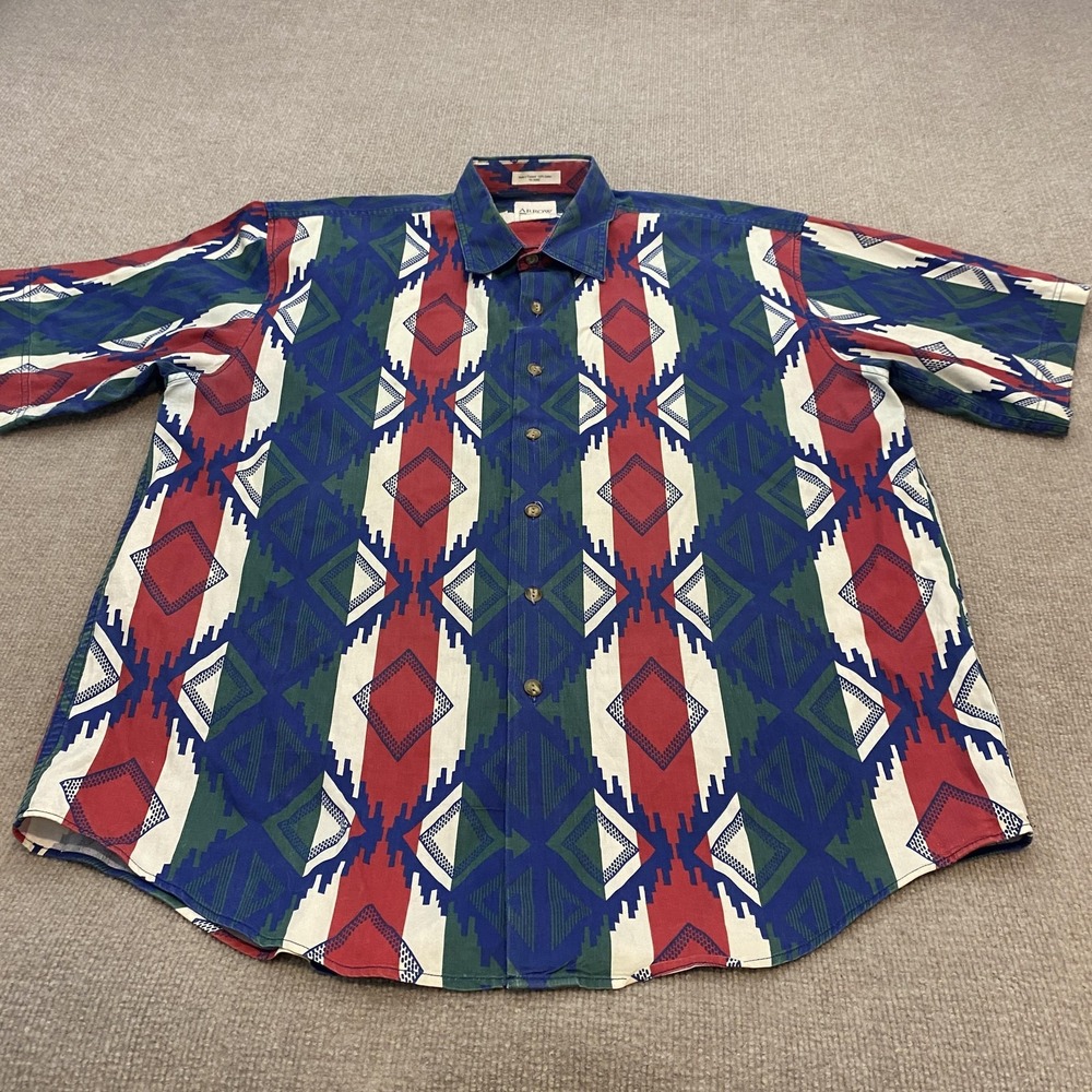 VTG Arrow Shirt Mens Large Multicolor Southwestern Geometric Short Sleeve Aztec